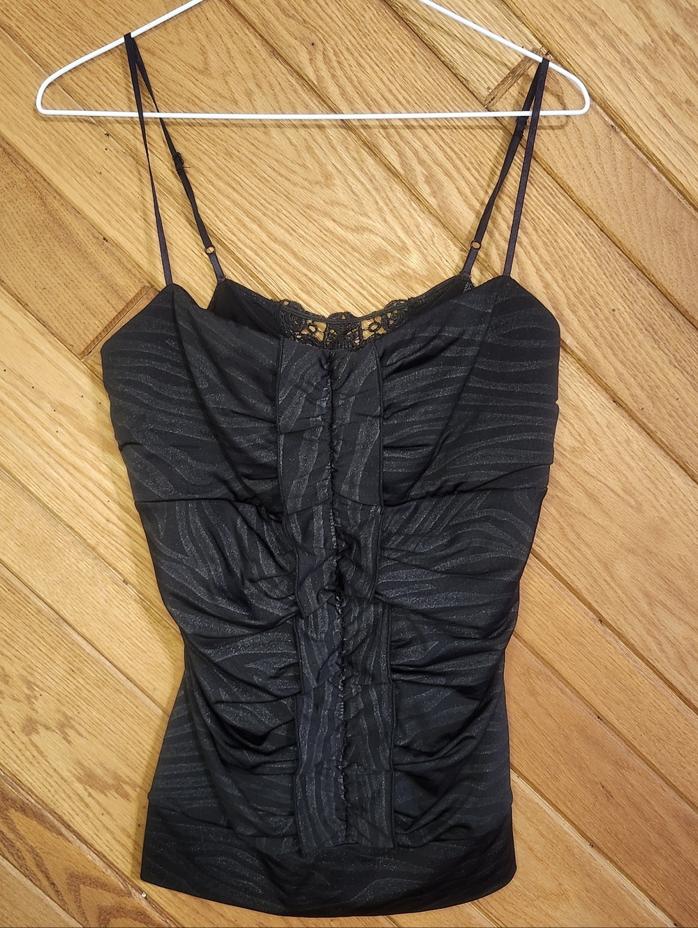 My Michelle Black And Silver Shimmer Zebra Print Lace Trim Ruched Cami Top